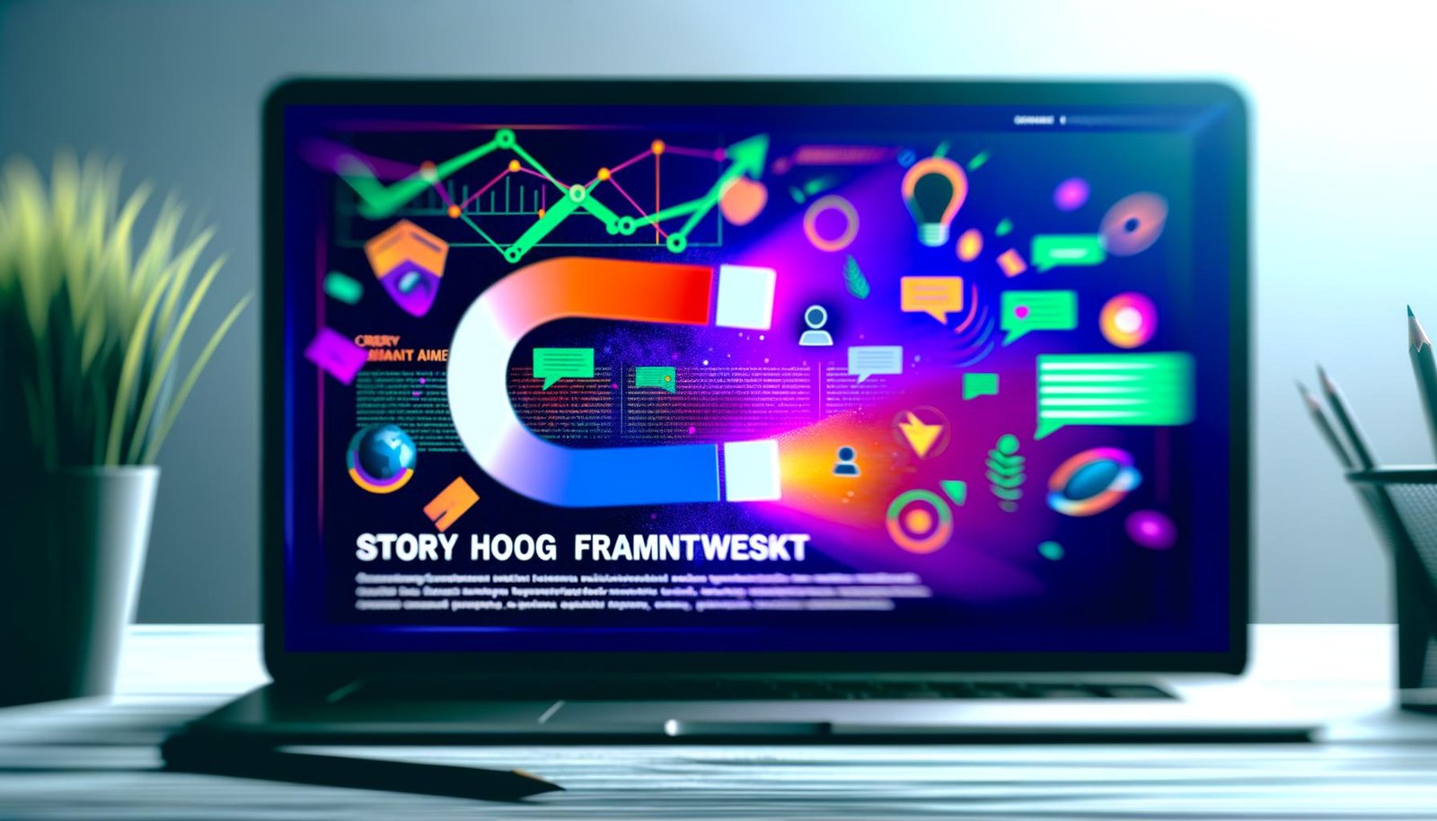 Modernes Digital-Collage-Headerbild mit großem abstrakten Magnet, der Icons und Social Media Symbole anzieht, vor unscharfen Marketing-Grafiken und Laptop, Farben: elektrisch-blau, magenta, neon-grün.