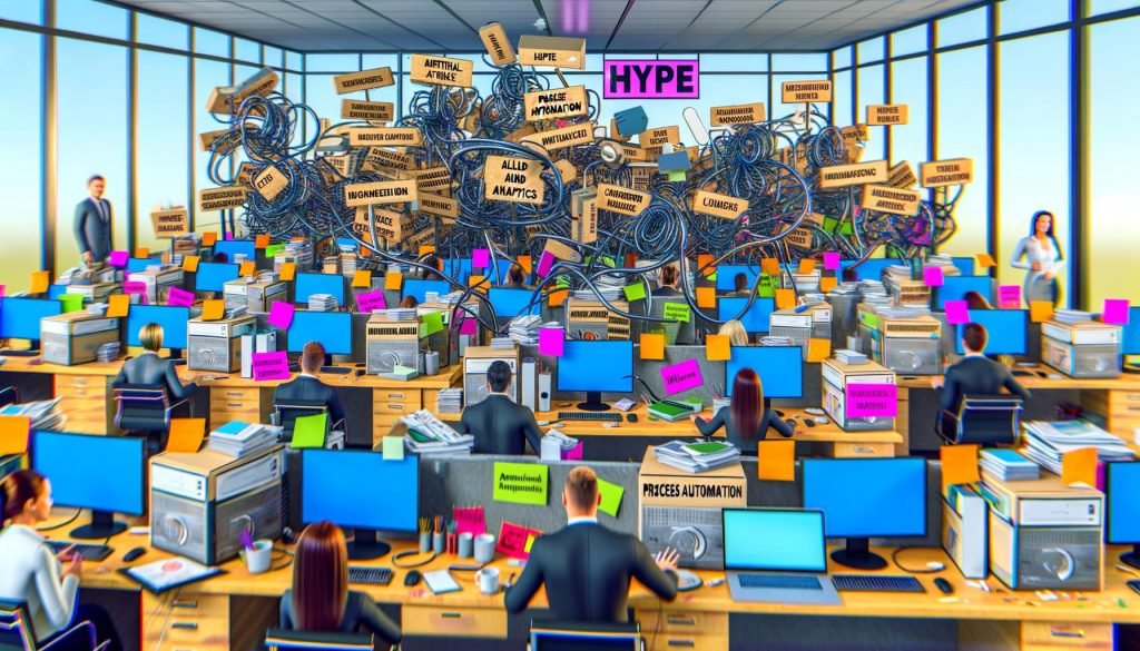 Überfülltes Büro voller Computer, Marketing-Software, verwirrter Marketer und Agentur-Vertreter, das Chaos und Überforderung im MarTech 2024 widerspiegelt