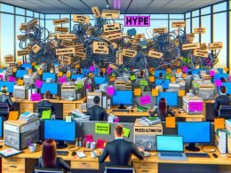 Überfülltes Büro voller Computer, Marketing-Software, verwirrter Marketer und Agentur-Vertreter, das Chaos und Überforderung im MarTech 2024 widerspiegelt