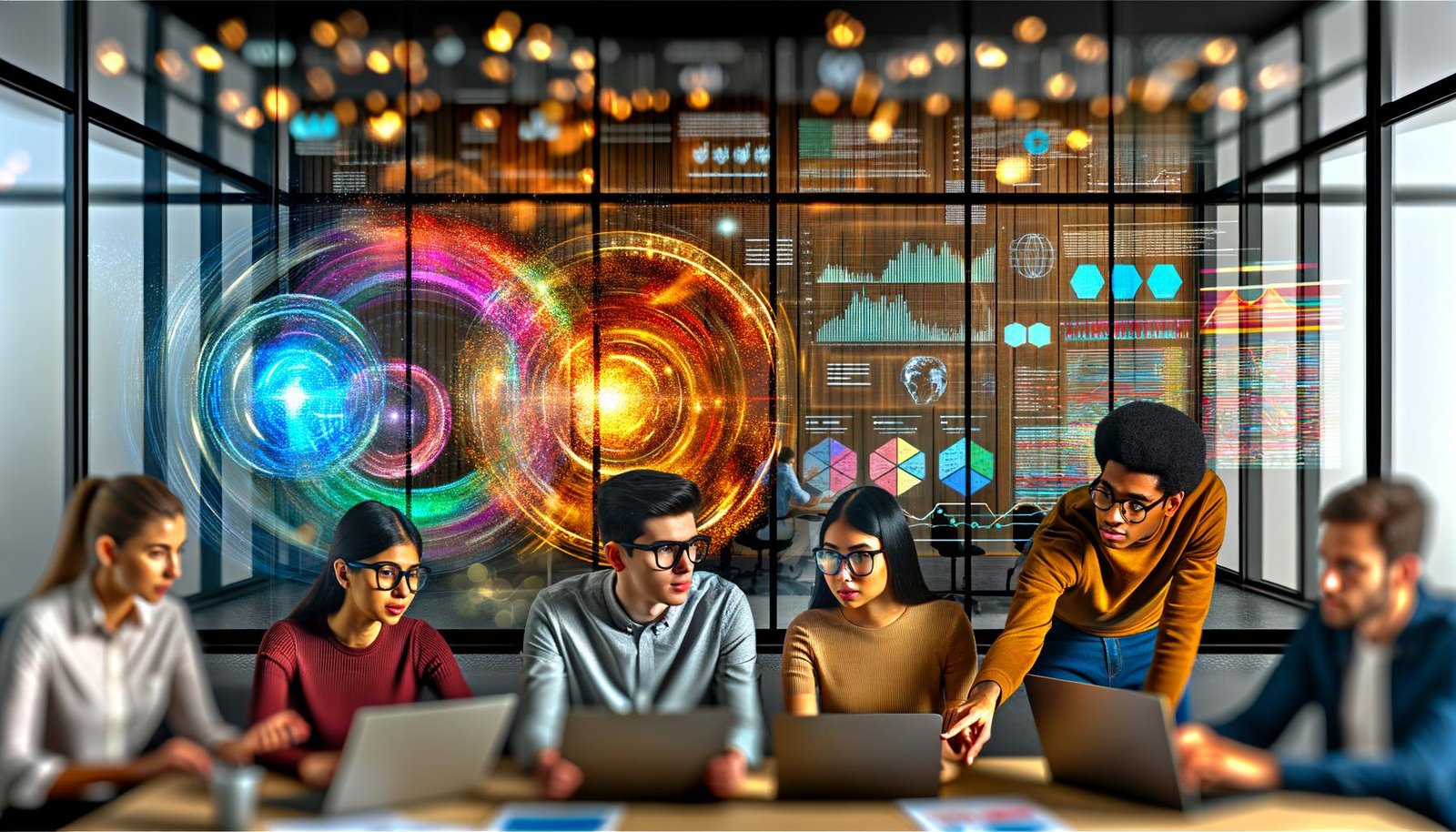 Modernes, dynamisches Büro mit diversen Marketing-Team, digitalen Datenvisualisierungen auf Whiteboards und Monitoren sowie goldenem Insight-Kern im Zentrum.