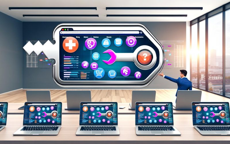 Modernes Büro mit Laptops voller bunter Dashboards, zentralem Schweizer Taschenmesser mit Analytics-, Personalisierungs- und Testing-Icons, und einem Marketer, der auf einen Bildschirm zeigt.