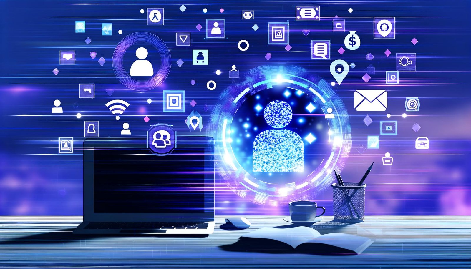 Modernes, cleanes Titelbild: Abstrakte KI-Illustration in Blau, Violett und Weiß, ein Unternehmer am Laptop, umgeben von schwebenden Stripe-Logos und grafischen Symbolen für automatisierte Prozesse.