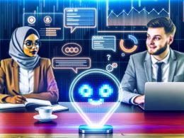 Moderne Büro-Szene mit Geschäftsfrau und Geschäftsmann am Tisch, digitaler Chatbot in Sprechblasenform, holografische Diagramme und dezente Deutschlandfarben im Hintergrund