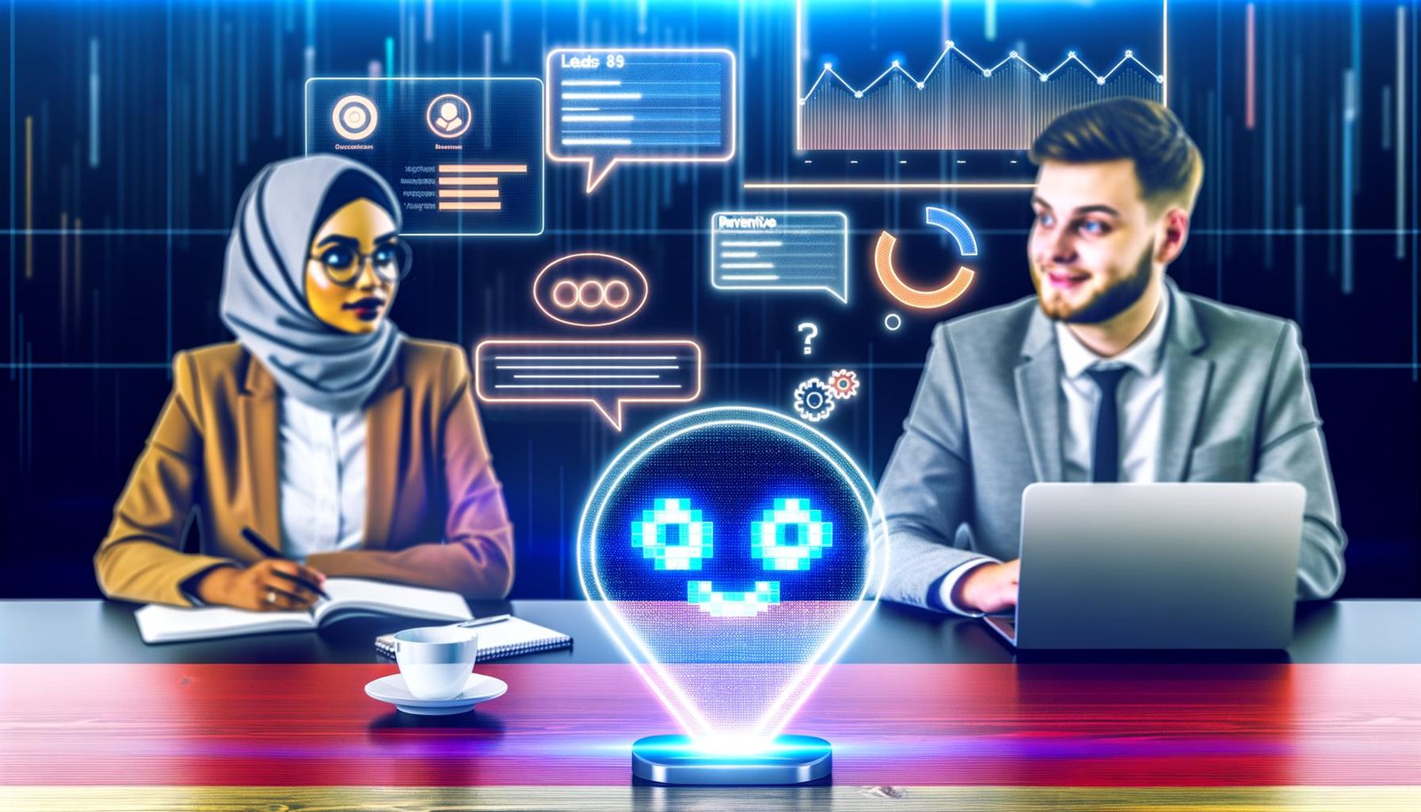 Moderne Büro-Szene mit Geschäftsfrau und Geschäftsmann am Tisch, digitaler Chatbot in Sprechblasenform, holografische Diagramme und dezente Deutschlandfarben im Hintergrund