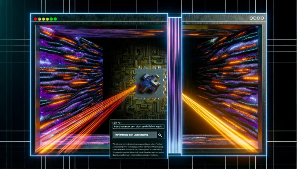 Illustration eines Browserfensters, geteilt in eine strahlende, datenreiche Hälfte und eine dunkle, rätselhafte Seite mit Googlebot-Symbol, dazu der Titel 'SEO für WebAssembly: Performance clever und sichtbar machen'.