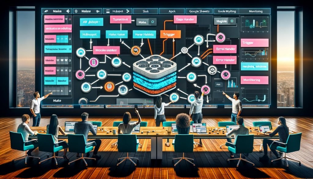 Futuristisches Make.com-Dashboard mit farbcodierten Modulen, API-Integrationen und modernen Marketern, die an Workflows zusammenarbeiten.
