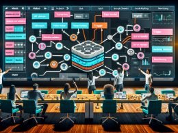 Futuristisches Make.com-Dashboard mit farbcodierten Modulen, API-Integrationen und modernen Marketern, die an Workflows zusammenarbeiten.