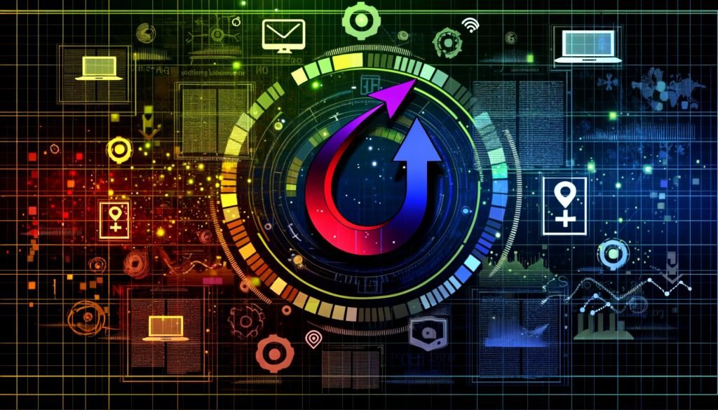 Futuristisches Bild mit leuchtender Hook-Form, datengetriebenen Diagrammen, Social-Media-Icons, Smartphones und SEO-Symbolen auf dunklem, technik-inspiriertem Grund.