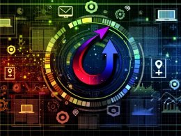 Futuristisches Bild mit leuchtender Hook-Form, datengetriebenen Diagrammen, Social-Media-Icons, Smartphones und SEO-Symbolen auf dunklem, technik-inspiriertem Grund.