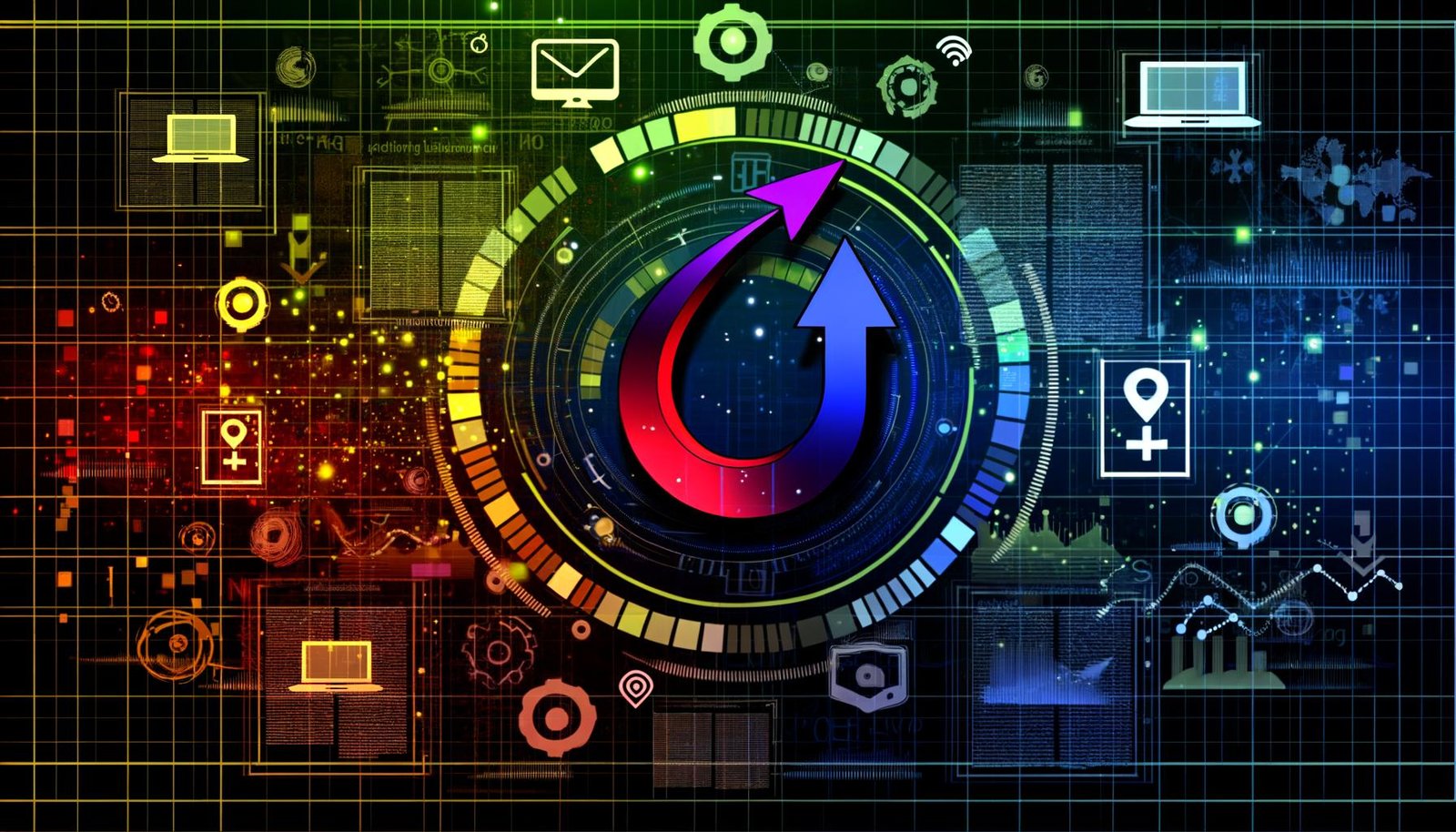 Futuristisches Bild mit leuchtender Hook-Form, datengetriebenen Diagrammen, Social-Media-Icons, Smartphones und SEO-Symbolen auf dunklem, technik-inspiriertem Grund.