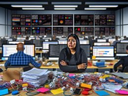 Ratlose Marketing-Managerin vor überladenen Dashboards und chaotischen Notizzetteln in einem modernen, von Technik dominierten Großraumbüro