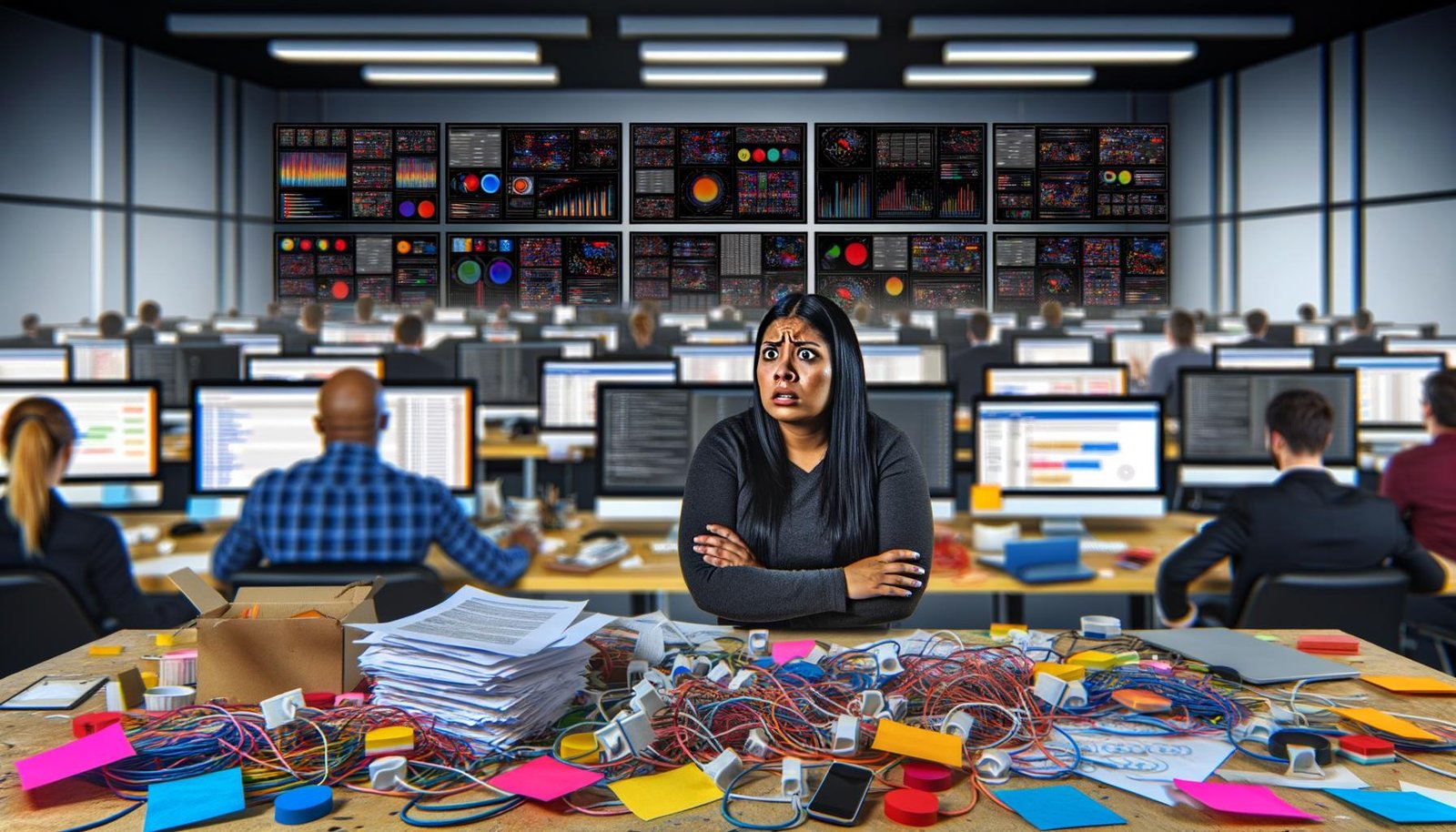 Ratlose Marketing-Managerin vor überladenen Dashboards und chaotischen Notizzetteln in einem modernen, von Technik dominierten Großraumbüro