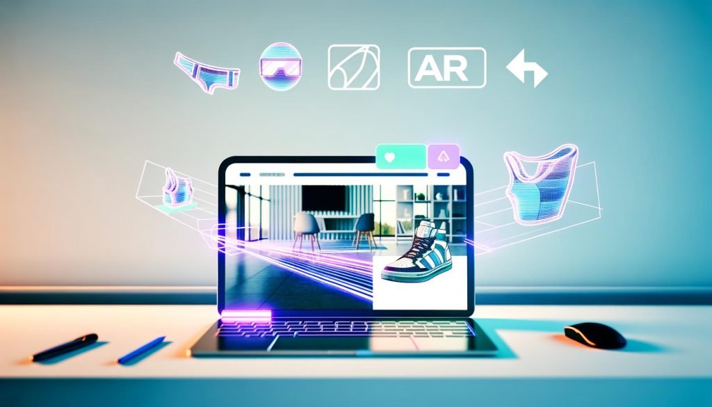 Notebook mit Stripe-AR-Dashboard auf minimalistischem Schreibtisch, holografische 3D-Modelle von Möbeln, Sneaker und Fernseher ragen aus dem Bildschirm hervor, Neon-Interface-Elemente und Tech-Logos im Hintergrund.