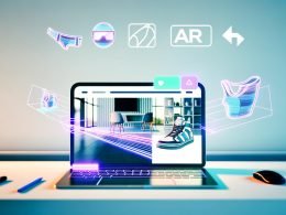 Notebook mit Stripe-AR-Dashboard auf minimalistischem Schreibtisch, holografische 3D-Modelle von Möbeln, Sneaker und Fernseher ragen aus dem Bildschirm hervor, Neon-Interface-Elemente und Tech-Logos im Hintergrund.