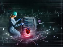 Digitale Illustration eines Chirurgen, der eine Herzoperation an einem Computer-Server mit schwebenden SEO-Elementen und Warnsymbolen durchführt, spannungsgeladene Atmosphäre.