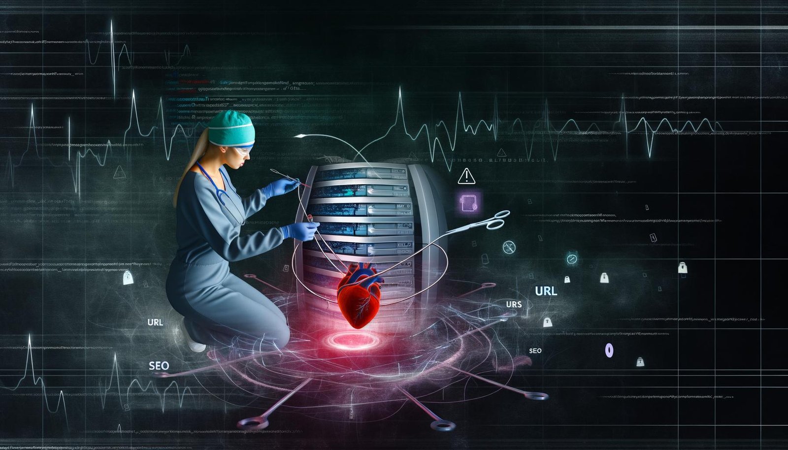 Digitale Illustration eines Chirurgen, der eine Herzoperation an einem Computer-Server mit schwebenden SEO-Elementen und Warnsymbolen durchführt, spannungsgeladene Atmosphäre.