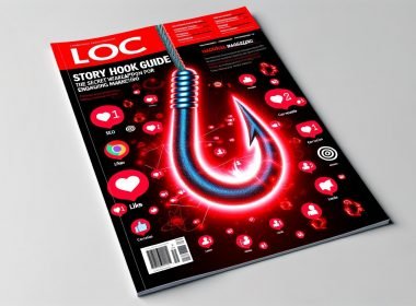 Moderne Magazin-Titelseite mit großem, rot-leuchtendem Angelhaken, der digital stilisierte Menschen, Likes und Social-Media-Icons anzieht. Im Hintergrund sind dezente SEO- und Analytics-Symbole zu sehen.