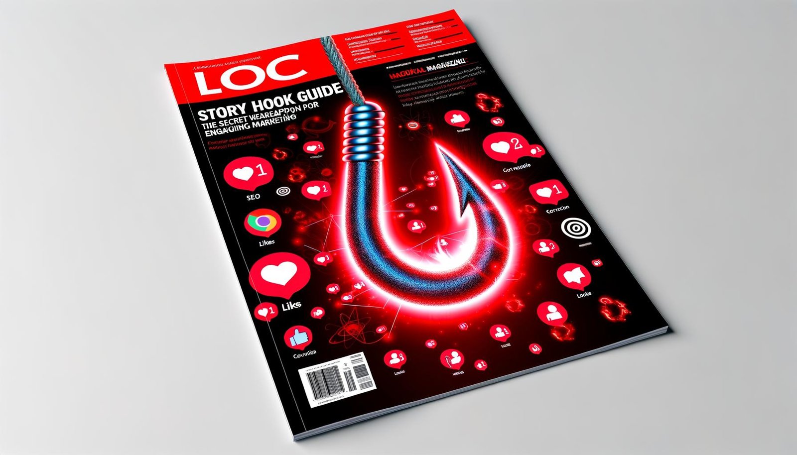 Moderne Magazin-Titelseite mit großem, rot-leuchtendem Angelhaken, der digital stilisierte Menschen, Likes und Social-Media-Icons anzieht. Im Hintergrund sind dezente SEO- und Analytics-Symbole zu sehen.