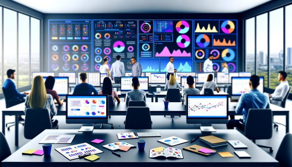 Modernes Büro mit jungen Marketers an großen Monitoren voller bunter Analytics-Dashboards und digitalem Whiteboard im Hintergrund.