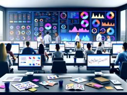 Modernes Büro mit jungen Marketers an großen Monitoren voller bunter Analytics-Dashboards und digitalem Whiteboard im Hintergrund.