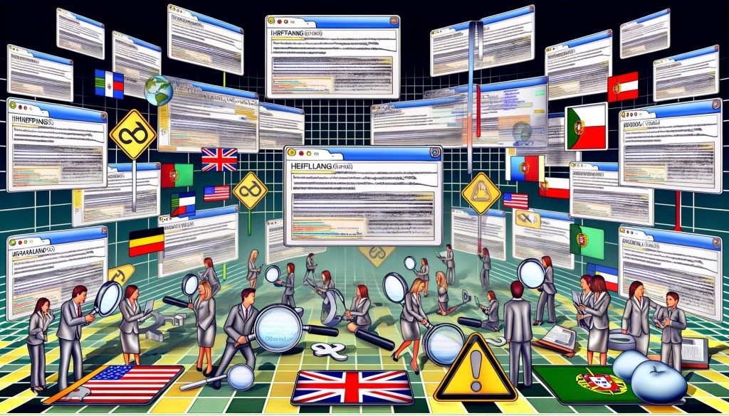 Moderne Illustration von internationalen Webseiten in verschiedenen Sprachen und Länderflaggen mit SEO-Warnzeichen, frustrierten Technikern und Marketers, die Tools wie hreflang, Canonical und strukturierte URLs nutzen.