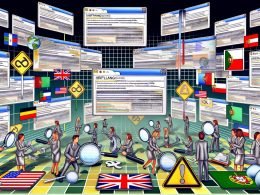 Moderne Illustration von internationalen Webseiten in verschiedenen Sprachen und Länderflaggen mit SEO-Warnzeichen, frustrierten Technikern und Marketers, die Tools wie hreflang, Canonical und strukturierte URLs nutzen.