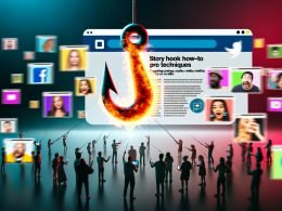 Flammender Angelhaken zieht eine Menschenmenge mit Laptops und Handys an, umgeben von Pop-up-Fenstern und Social Media Symbolen, vor einem verschwommenen, digitalen Haifischbecken.