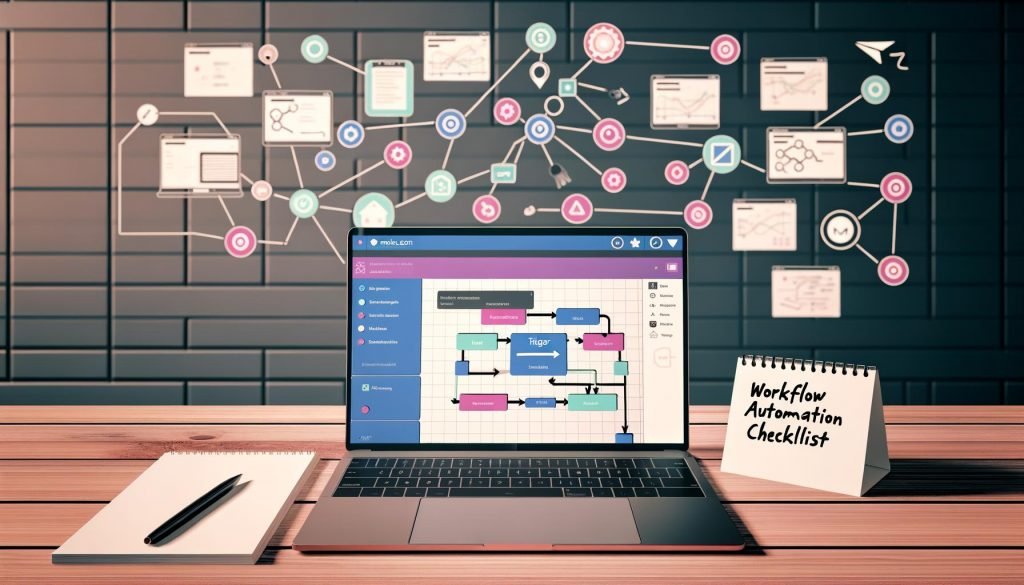 Moderner Schreibtisch mit Laptop, der einen make.com-Workflow zeigt, Workflow Automation Checkliste, Stift und digitale Notizen zur Automatisierung.