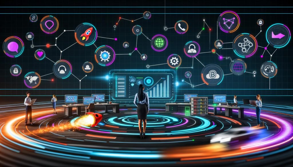 Futuristisch gestaltetes digitales Kontrollzentrum mit interaktivem Dashboard, datengetriebenen Verbindungen und dynamischer Neon-Ästhetik.
