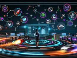 Futuristisch gestaltetes digitales Kontrollzentrum mit interaktivem Dashboard, datengetriebenen Verbindungen und dynamischer Neon-Ästhetik.