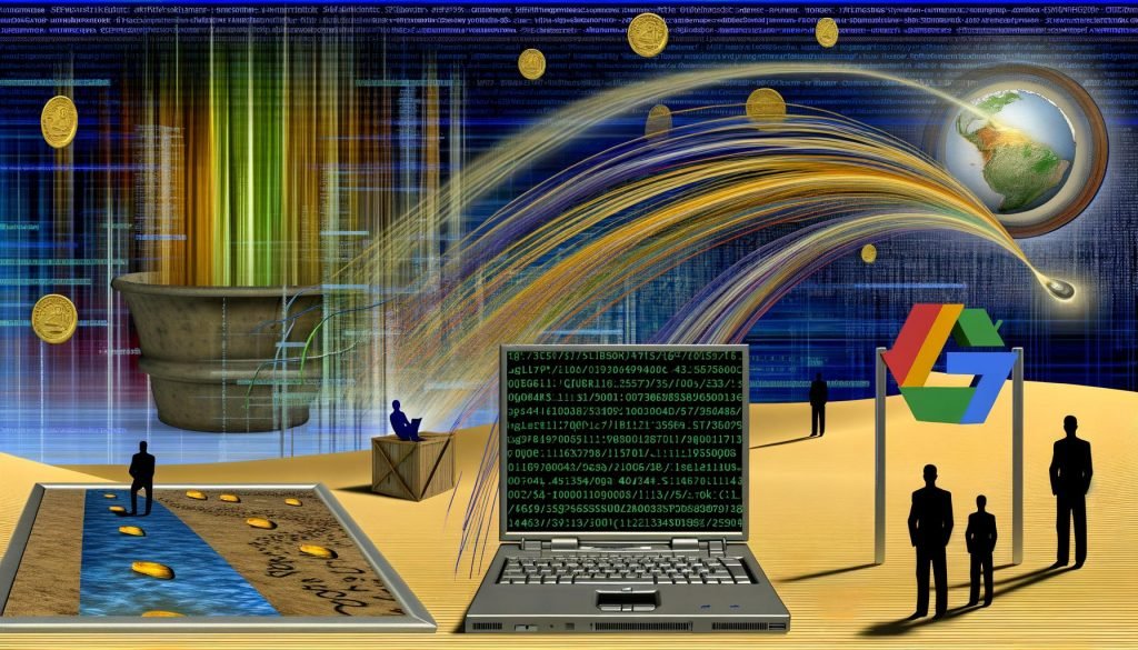 Collage mit BigQuery-SQL-Analyse auf Laptop, umgeben von Webserver-Logdaten, Symbolen für Googlebot, Bingbot, Website-Benutzer, 404-Fehlern und goldenen Datensymbolen; Excel-Logo und moderne Datenpipelines.