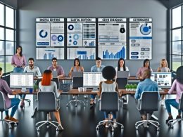 Digitales Marketing- und Redaktions-Team arbeitet gemeinsam im modern gestalteten Großraumbüro an Laptops und Monitoren mit Redaktionskalender, Content-Metriken und Workflow-Boards.