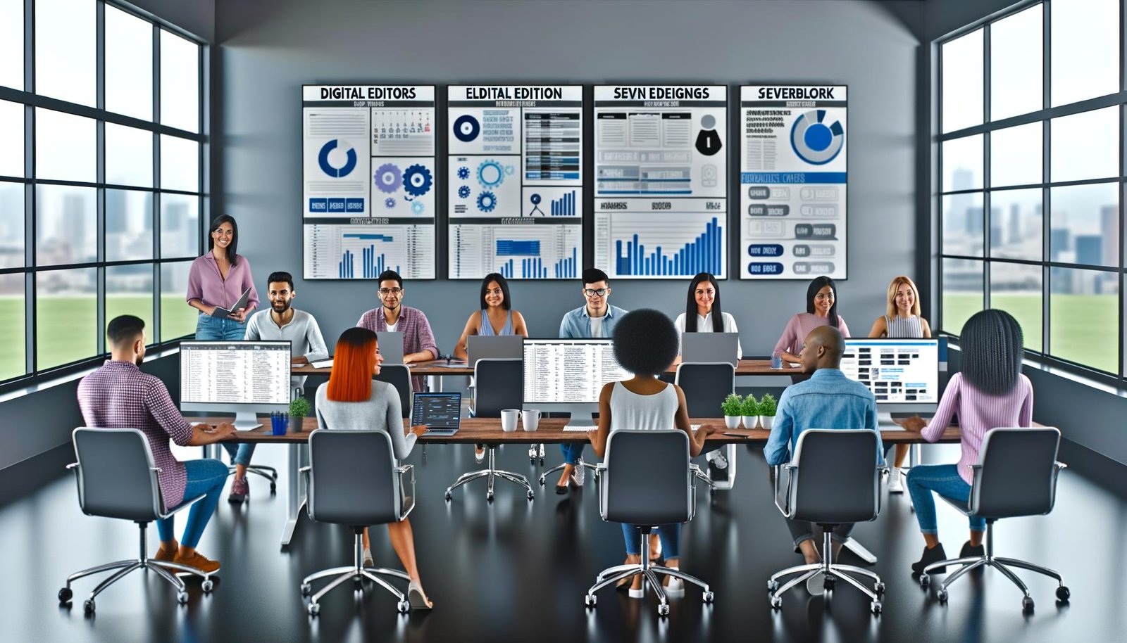 Digitales Marketing- und Redaktions-Team arbeitet gemeinsam im modern gestalteten Großraumbüro an Laptops und Monitoren mit Redaktionskalender, Content-Metriken und Workflow-Boards.