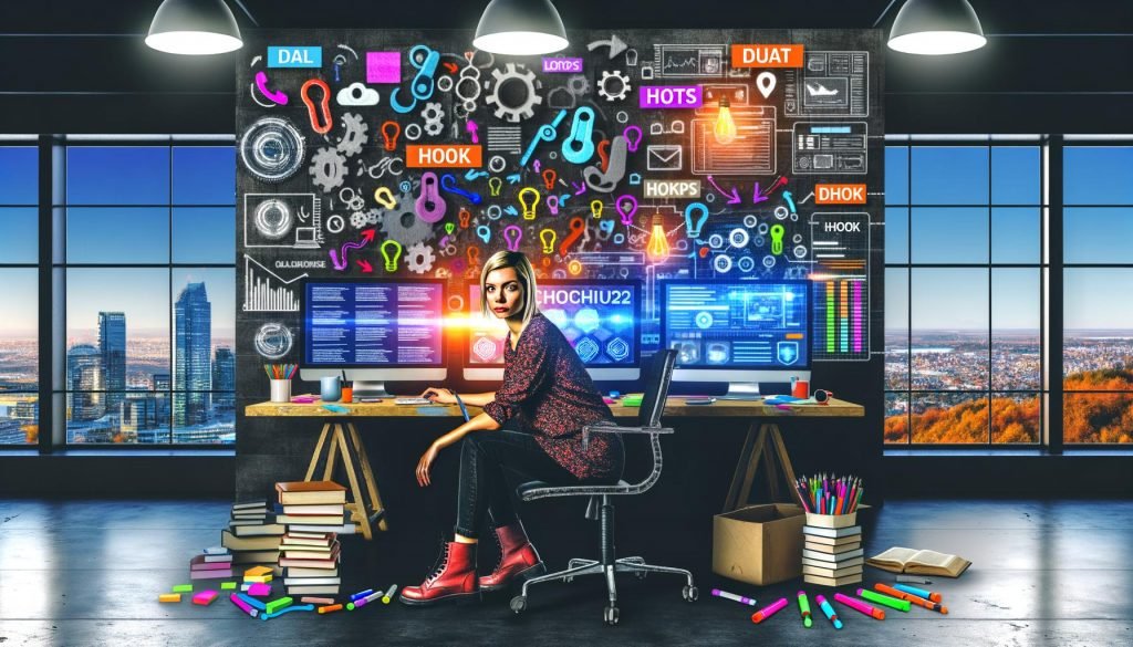 Copywriter sitzt im modernen Loft vor Monitoren mit bunten Notizen, Daten-Dashboards und KI-Beispielen; überall Marker, Notizzettel, Fachbücher, im Hintergrund digitale Marketing- und KI-Symbole.