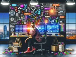 Copywriter sitzt im modernen Loft vor Monitoren mit bunten Notizen, Daten-Dashboards und KI-Beispielen; überall Marker, Notizzettel, Fachbücher, im Hintergrund digitale Marketing- und KI-Symbole.