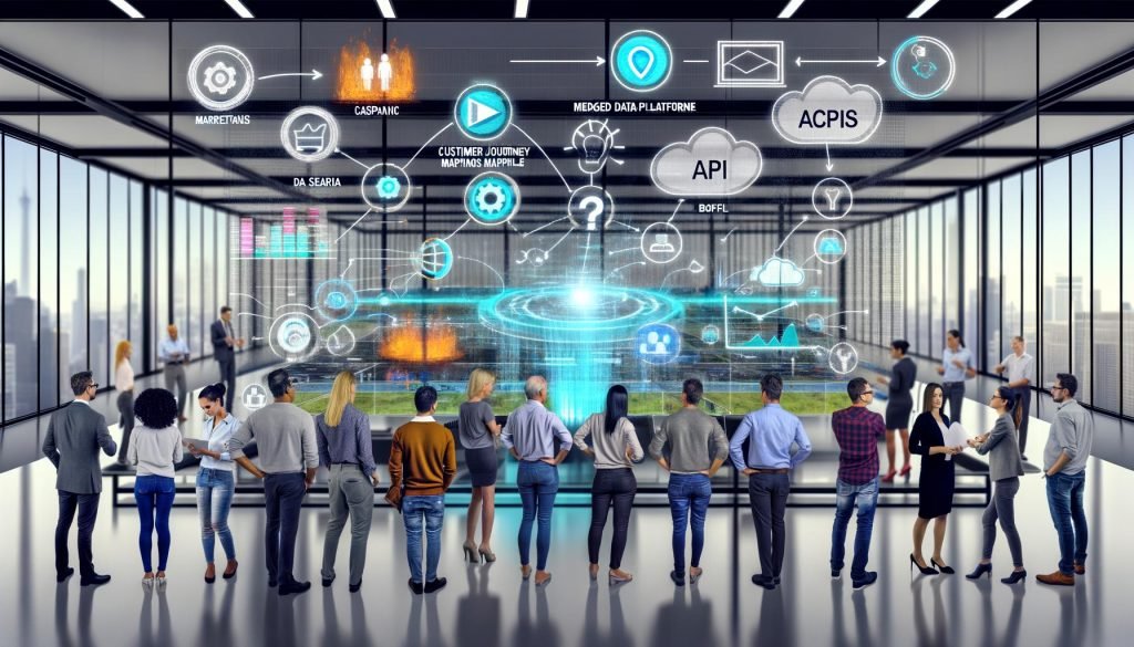 Diverse Marketer analysieren digitale Dashboards und Datenintegrationen in einem modernen Büro mit Glaswänden