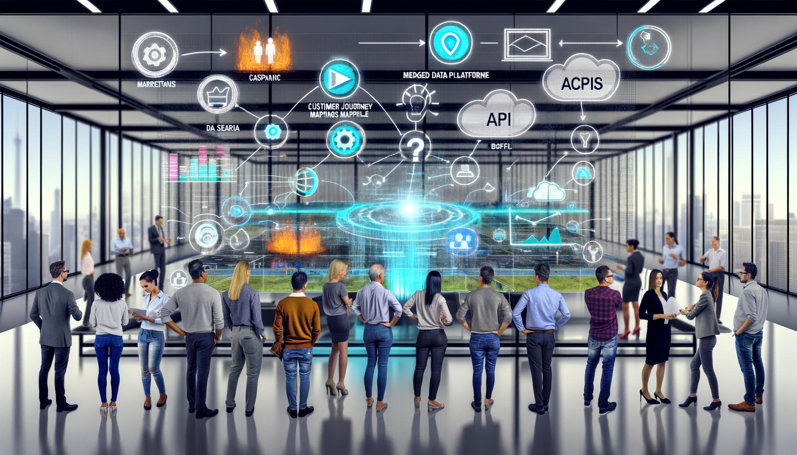 Diverse Marketer analysieren digitale Dashboards und Datenintegrationen in einem modernen Büro mit Glaswänden