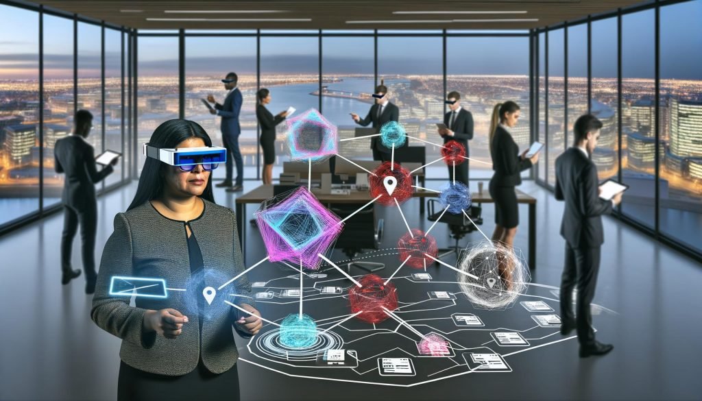 CFO trägt AR-Brille und analysiert schwebendes 3D-Modell von Payment-Flows im futuristischen Büro, Teammitglieder arbeiten gemeinsam an AR-Visualisierung mit Tablets und Smartphones.