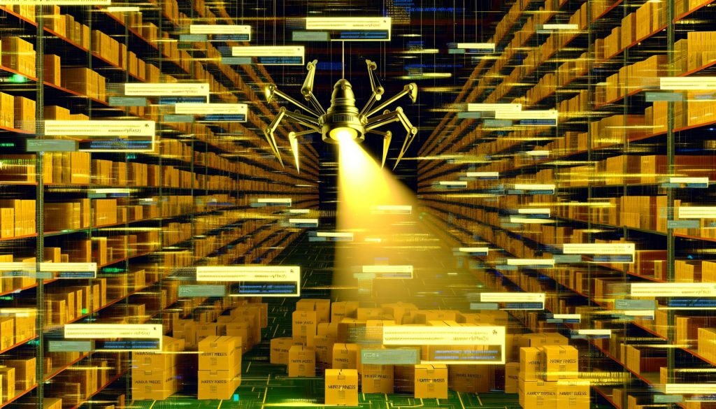 Modernes E-Commerce-Lager mit endlosen Regalen, über das ein Roboter-Spinne-ähnlicher Googlebot golden markierte Money Pages hervorhebt, umgeben von unzähligen Produktseiten, dunklen Bereichen und funkelndem Programmiercode.