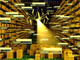 Modernes E-Commerce-Lager mit endlosen Regalen, über das ein Roboter-Spinne-ähnlicher Googlebot golden markierte Money Pages hervorhebt, umgeben von unzähligen Produktseiten, dunklen Bereichen und funkelndem Programmiercode.