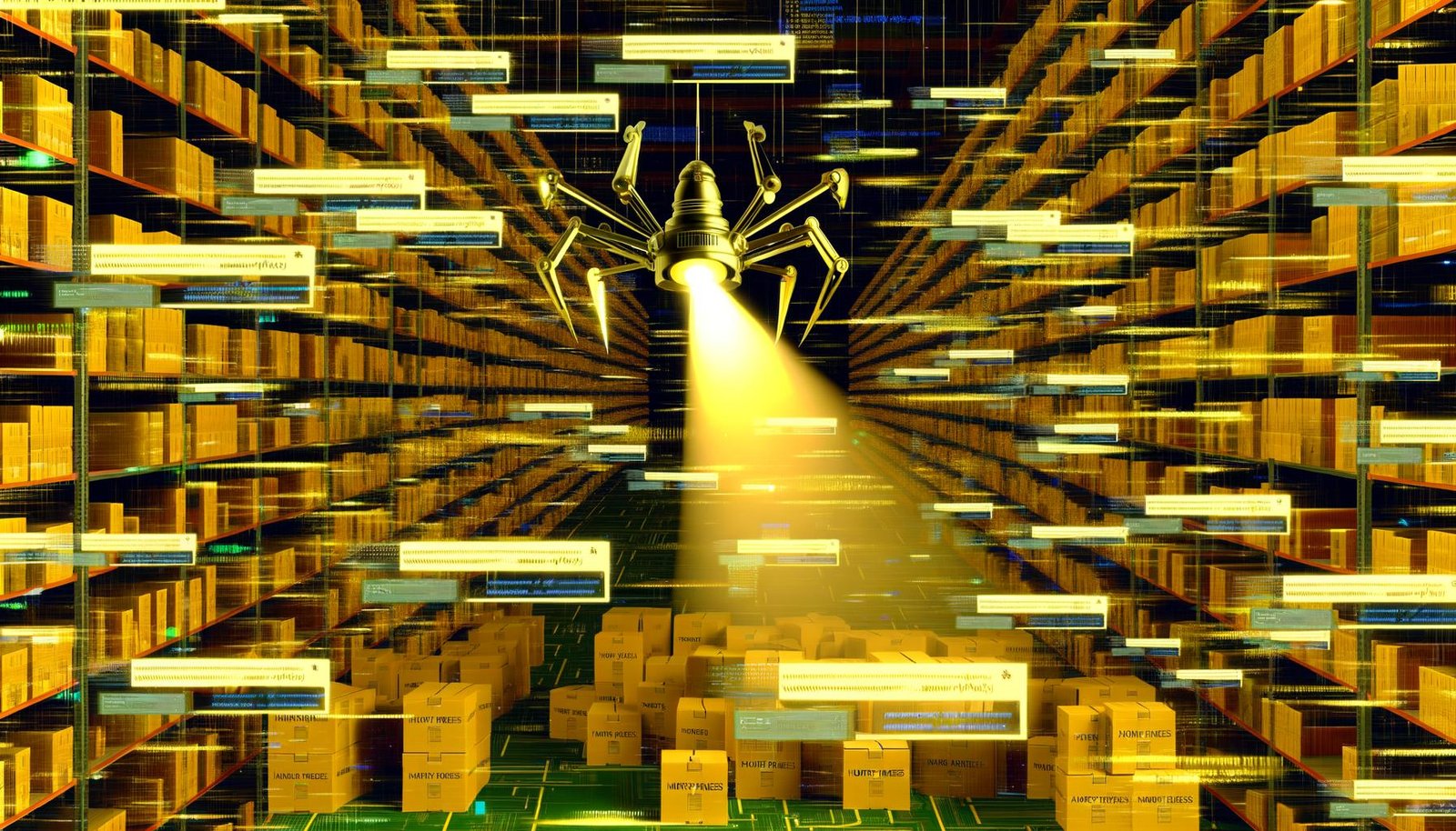 Modernes E-Commerce-Lager mit endlosen Regalen, über das ein Roboter-Spinne-ähnlicher Googlebot golden markierte Money Pages hervorhebt, umgeben von unzähligen Produktseiten, dunklen Bereichen und funkelndem Programmiercode.