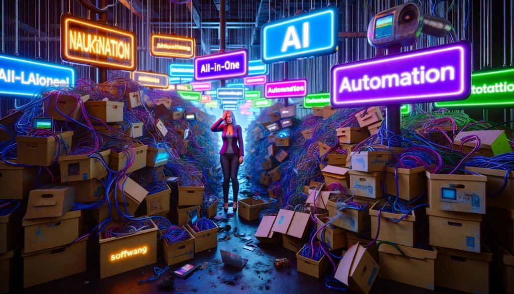Verzweifelter Marketer umgeben von verwobenen Kabeln, bunten Software-Dashboards und verstaubten MarTech-Boxen mit Schlagwörtern wie KI und Automatisierung.