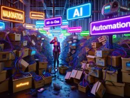 Verzweifelter Marketer umgeben von verwobenen Kabeln, bunten Software-Dashboards und verstaubten MarTech-Boxen mit Schlagwörtern wie KI und Automatisierung.