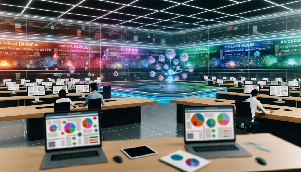 Futuristischer Newsroom mit modernen Schreibtischen, transparenten Bildschirmen, Datenvisualisierungen, KI-Clustern und einem zentralen Hologramm, das Themenkreise zeigt.