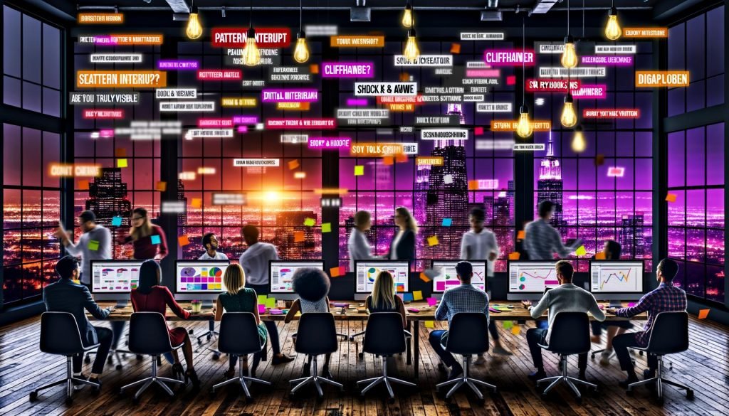 Vielfältiges digitales Kreativteam an modernen Arbeitsplätzen vor großen Monitoren mit bunten Diagrammen und Schlagworten, umgeben von Post-its und Whiteboards in einer energiegeladenen Büroatmosphäre bei Nacht.