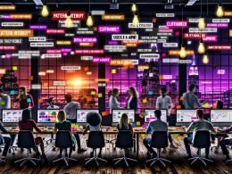 Vielfältiges digitales Kreativteam an modernen Arbeitsplätzen vor großen Monitoren mit bunten Diagrammen und Schlagworten, umgeben von Post-its und Whiteboards in einer energiegeladenen Büroatmosphäre bei Nacht.