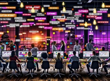 Vielfältiges digitales Kreativteam an modernen Arbeitsplätzen vor großen Monitoren mit bunten Diagrammen und Schlagworten, umgeben von Post-its und Whiteboards in einer energiegeladenen Büroatmosphäre bei Nacht.