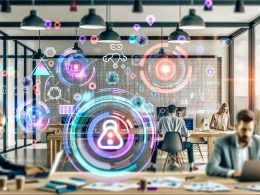 Konzentrierte Marketer arbeiten in einem modernen, lichtdurchfluteten Großraumbüro mit digitalen Dashboards und holographischen KI- und Datensicherheits-Symbolen.