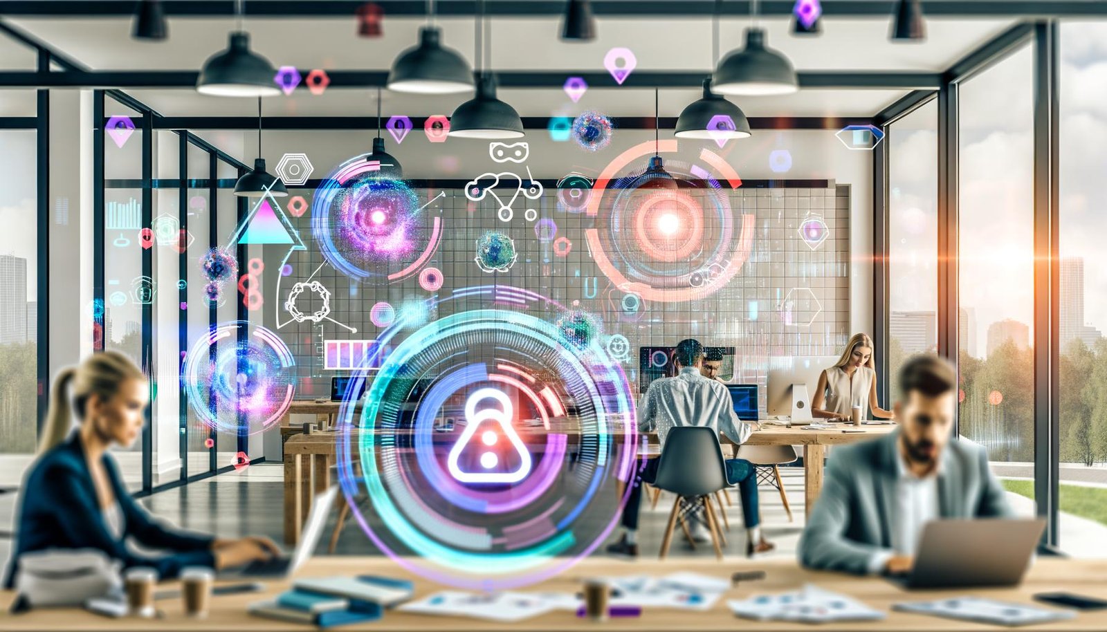 Konzentrierte Marketer arbeiten in einem modernen, lichtdurchfluteten Großraumbüro mit digitalen Dashboards und holographischen KI- und Datensicherheits-Symbolen.