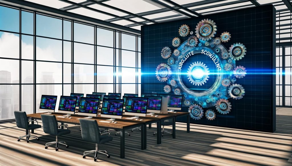 Hochmodernes Büro mit mehreren Bildschirmen für API-Workflows und große Zahnraduhr im Vordergrund zur symbolischen Darstellung genauer Zeitplanung.